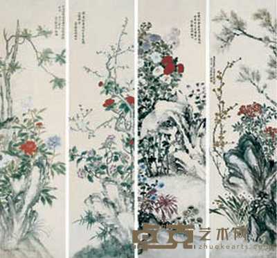 钱维城（款） 花卉四屏 立轴 166×44cm×4